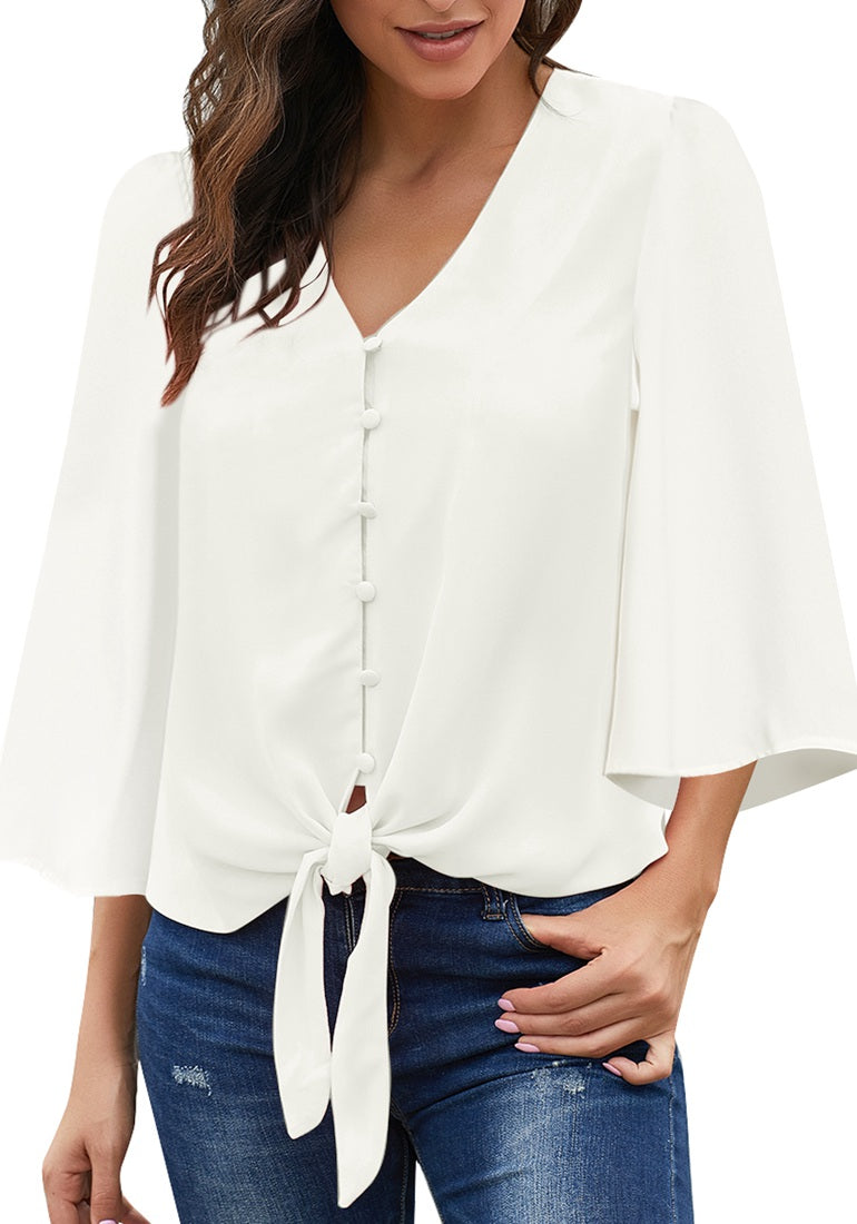 Women V-Neckline Button-Up Tie-Front Top